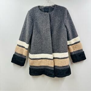 Helene London Colorblock Coat Jacket Hidden Buttons Gray Wool Blend Pockets Sz S